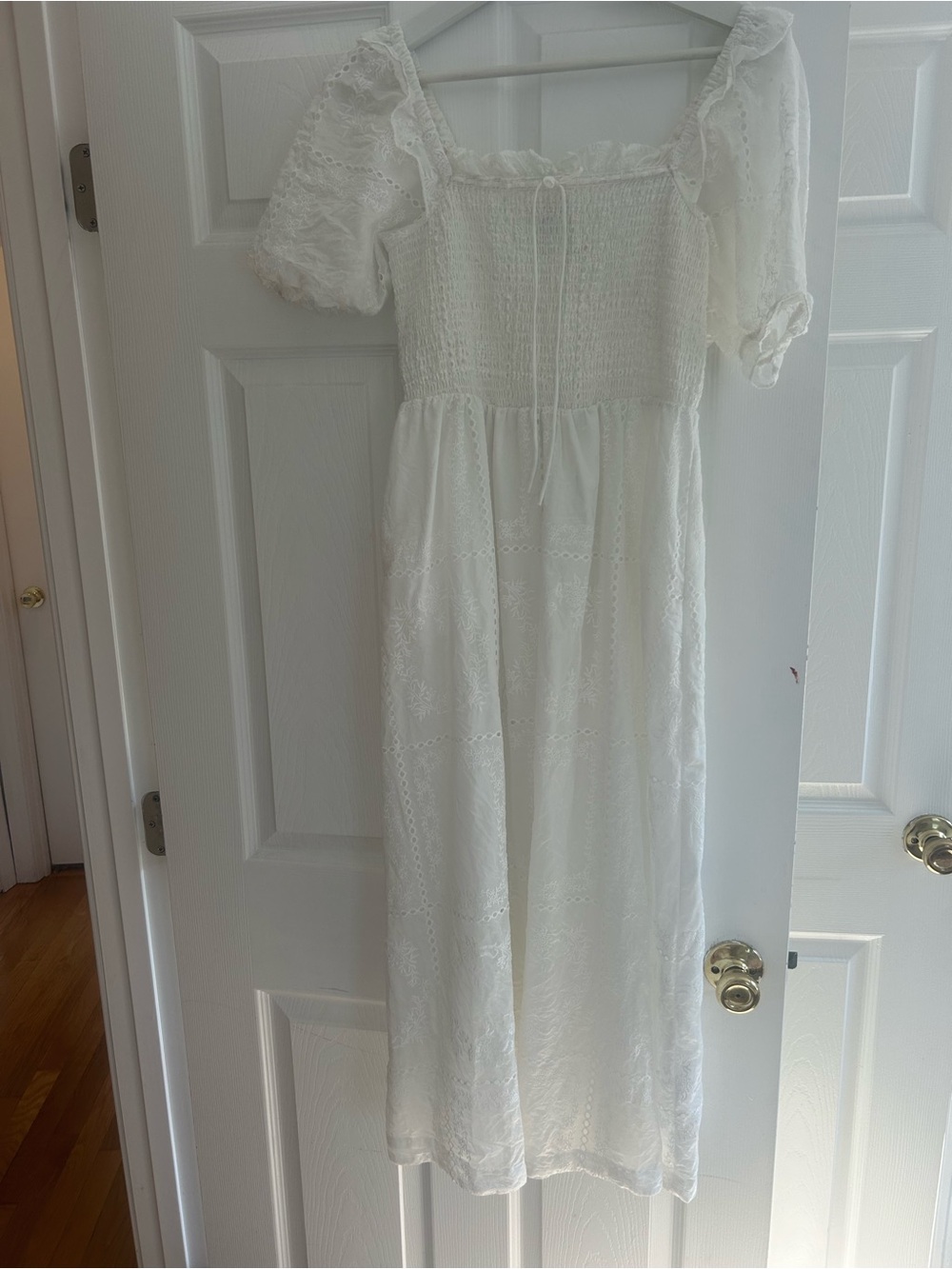 Caroline Constas White Eyelet Smocked Dress with Puff Sleeves - Picture 2 of 3